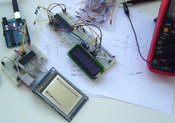 Picture of the first breadboard version with CPU debug information on the screen.