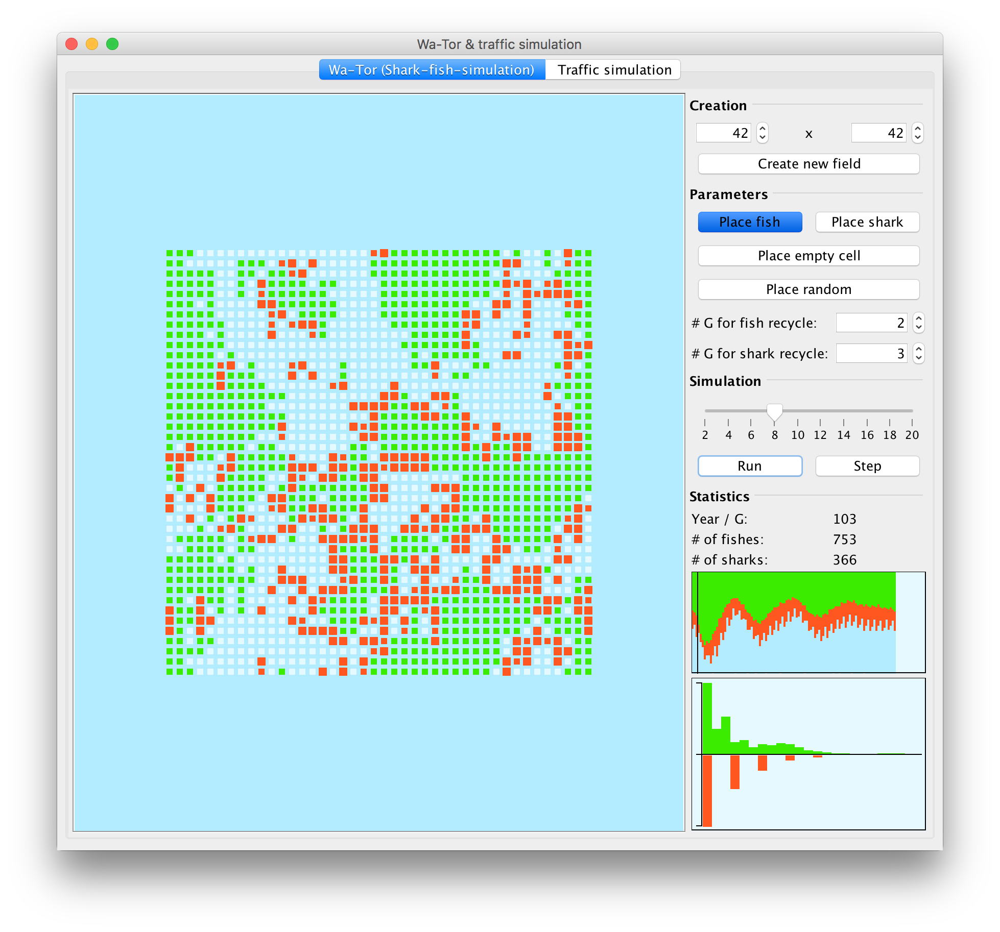 Screenshot of Wa-Tor simulation